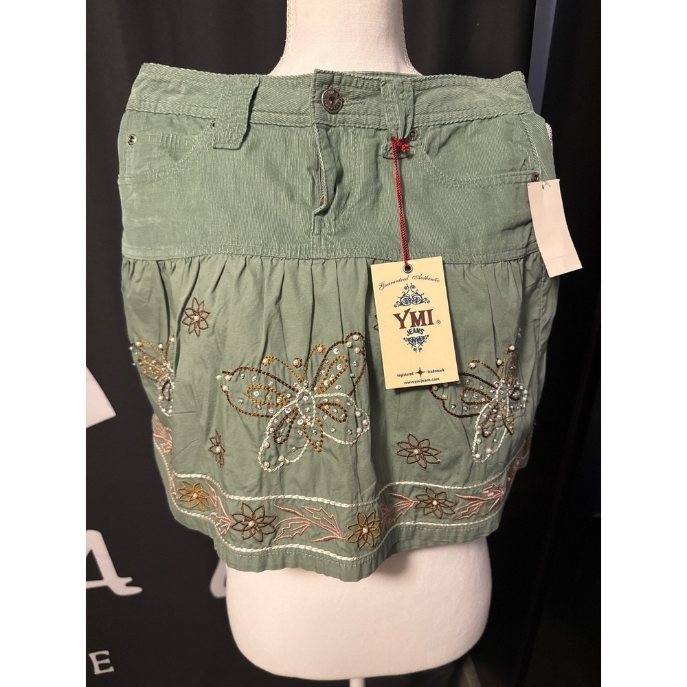 YMI Teal Corduroy Butterfly Beaded Mini Skirt K42031 Size 5 NWT